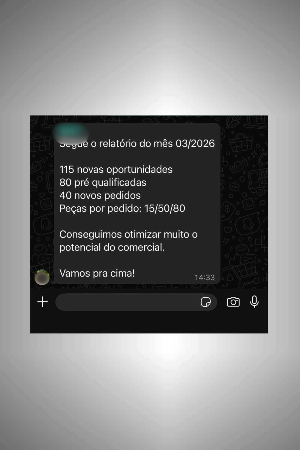Relatório mensal: 115 oportunidades, 80 pré-qualificadas, 40 novos pedidos