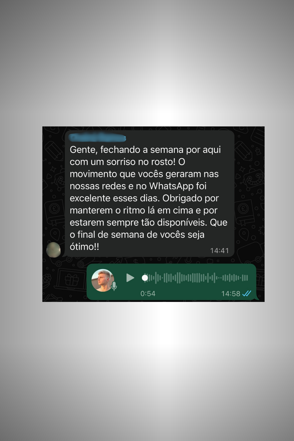 Feedback de cliente: movimento excelente nas redes e WhatsApp, equipe sempre disponível