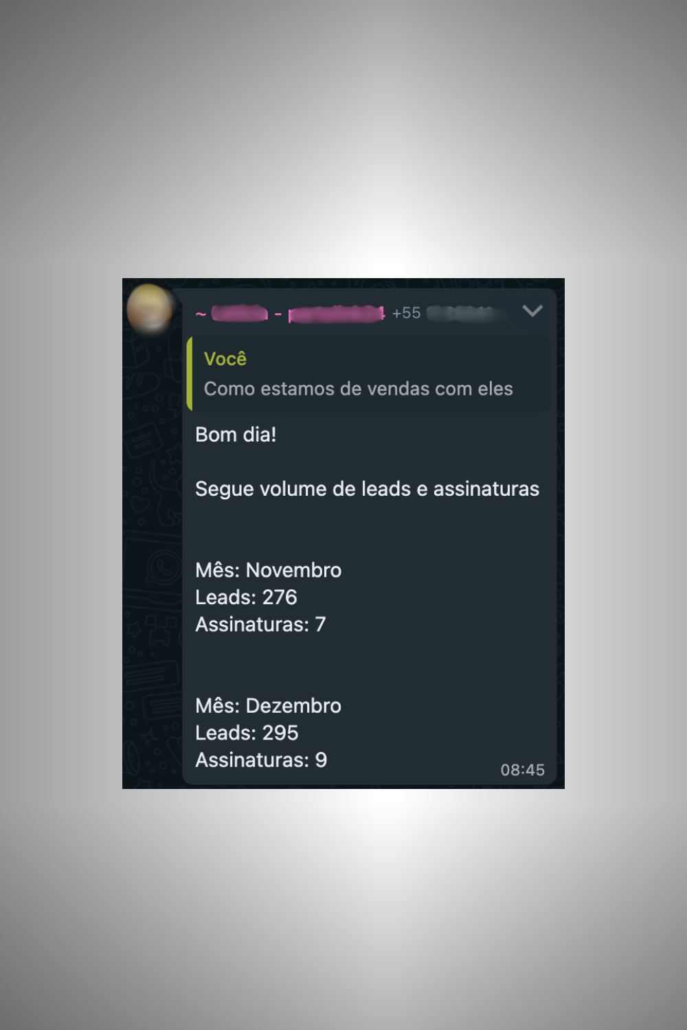 Resultado Real - Volume de leads e assinaturas: Novembro 276 leads e 7 assinaturas, Dezembro 295 leads e 9 assinaturas